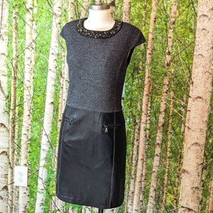 German Designer Wool & Leather Sheath Dress w Rhinestone Collar